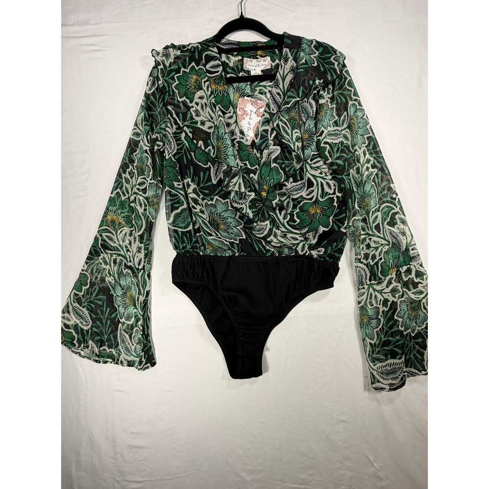 Band of the Free Floral Bodysuit Womens Medium Green New Bell Sleeve Ruffle Boho